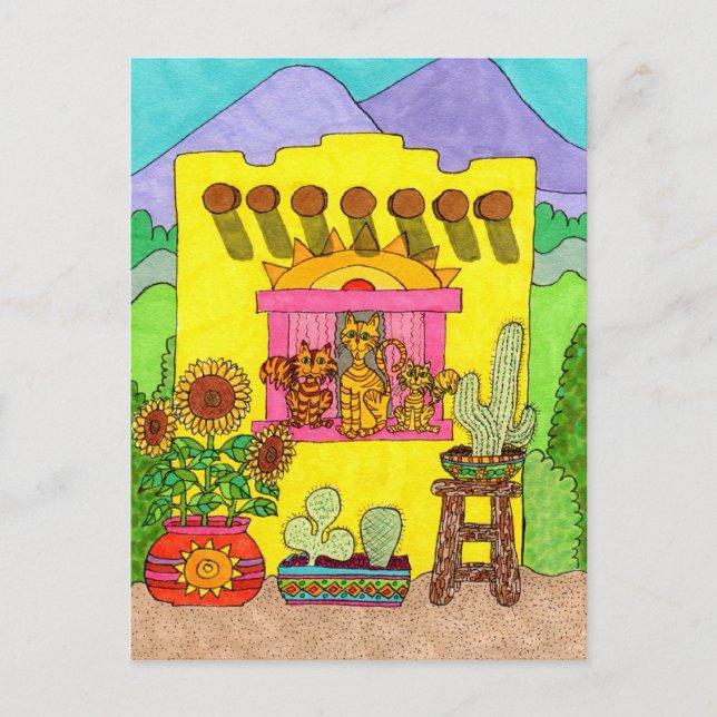 Three Cats in a Yellow Adobe House Postcard (Front)