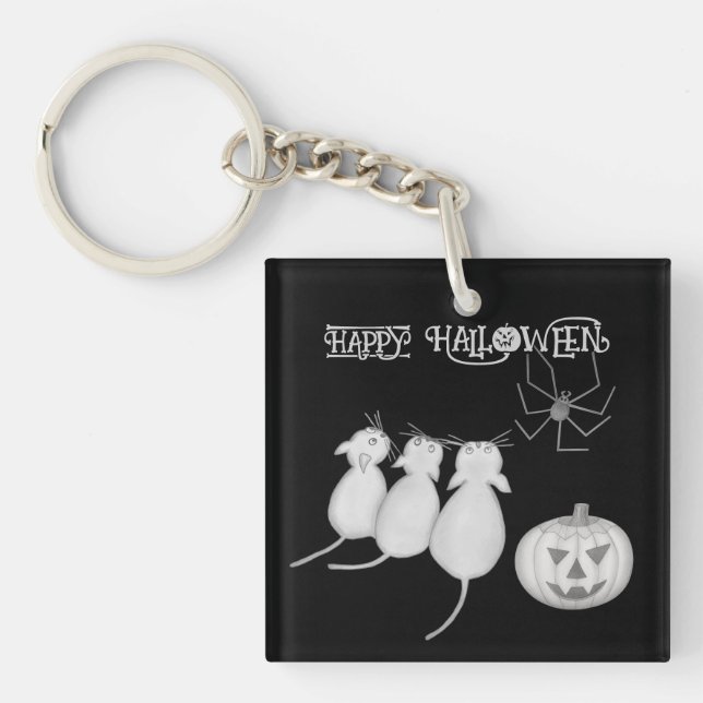 Three Cats, Pumpkin, and Spider Halloween Keychain (Front)