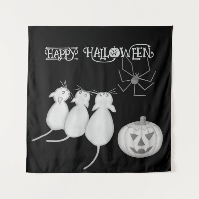 Three Cats, Pumpkin, and Spider Halloween Tapestry (Front)