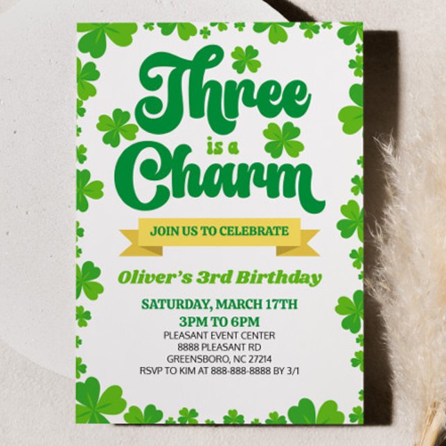 Three Charm St. Patrick's Day 3rd Birthday Party Invitation (Creator Uploaded)