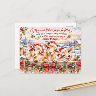 Three Cheeky Christmas Goats – Festive Watercolour Holiday Postcard