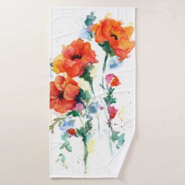 Three Cheerful Long Stemmed Red Poppies Bath Towel (Bath Towel)