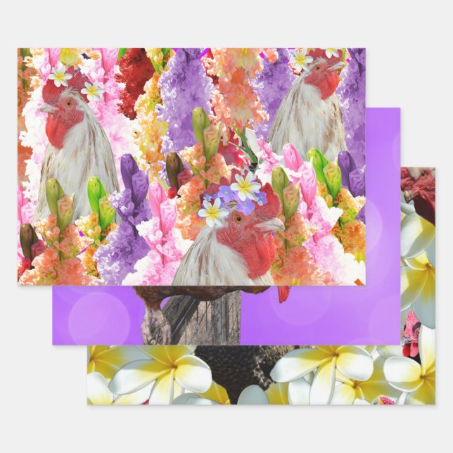 Three Chicken Designs, Gift Wrap, Decoupage Sheets (Set)