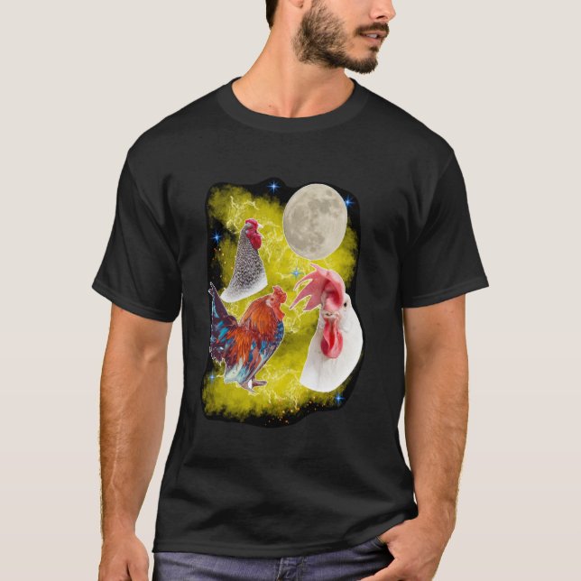 Three Chicken Moon Rooster Crowing at the Moon hen T-Shirt (Front)