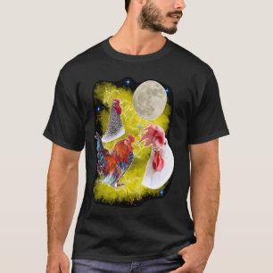Three Chicken Moon Rooster Crowing at the Moon hen T-Shirt