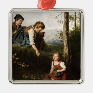 Three Children Picking Wild Berries in the Forest Metal Ornament
