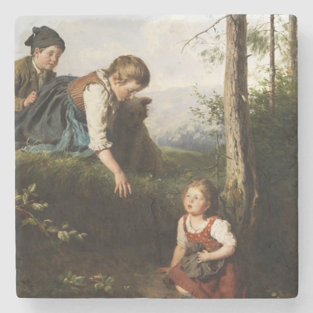 Three Children Picking Wild Berries in the Forest Stone Coaster (Front)