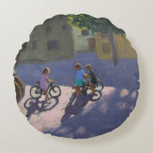 Three children with bicycles Spain Round Pillow