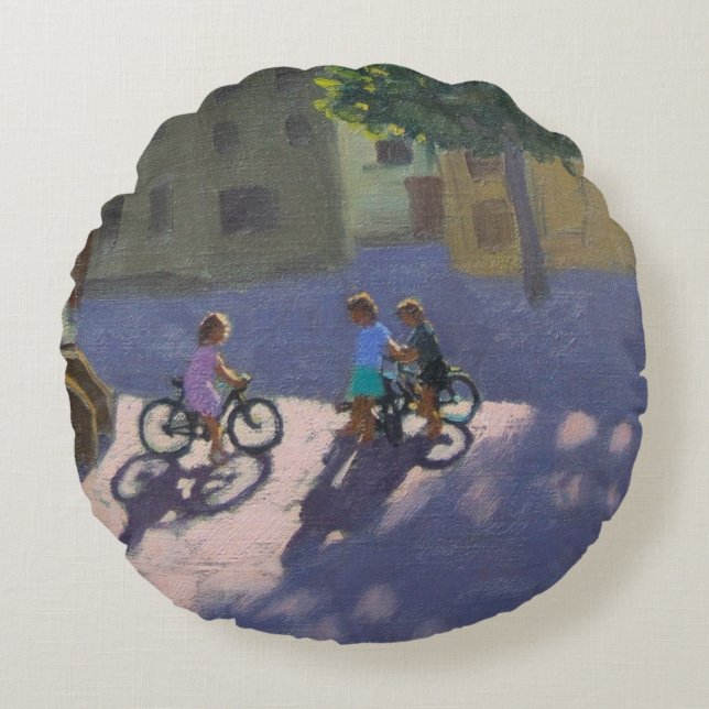 Three children with bicycles Spain Round Pillow (Front)