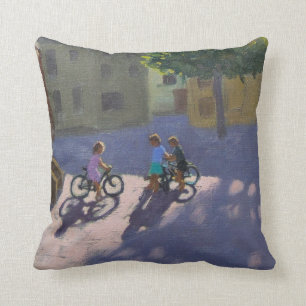 Three children with bicycles Spain Throw Pillow