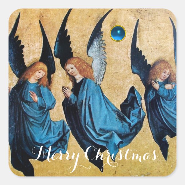 THREE CHRISMAS ANGELS IN BLUE  SQUARE STICKER (Front)