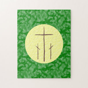 Three Christian Crosses Calvary on Green Yellow Jigsaw Puzzle