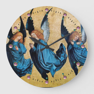 THREE CHRISTMAS ANGELS IN BLUE LARGE CLOCK