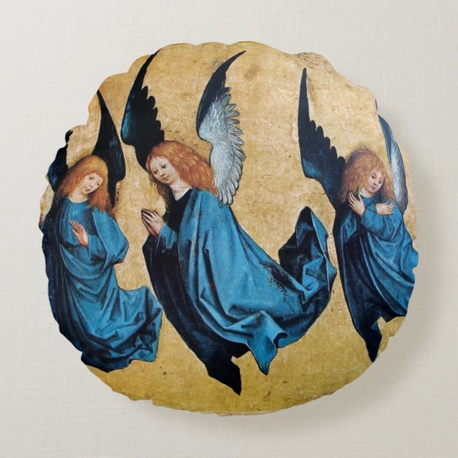 THREE CHRISTMAS ANGELS IN BLUE ROUND PILLOW (Front)