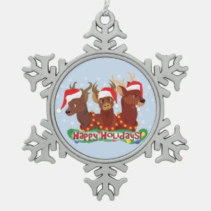 Three Christmas Deer Snowflake Pewter Christmas Ornament
