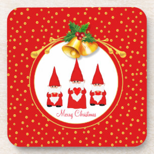 Three Christmas Gnomes & Golden Confetti on Red Coaster