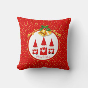 Three Christmas Gnomes & Golden Confetti on Red Throw Pillow