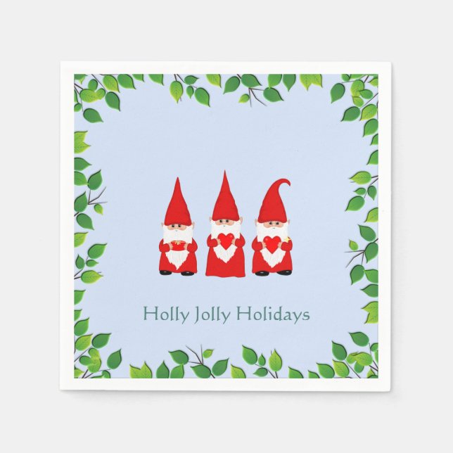 Three Christmas Gnomes & Leaf Frame on Light Blue Napkin (Front)