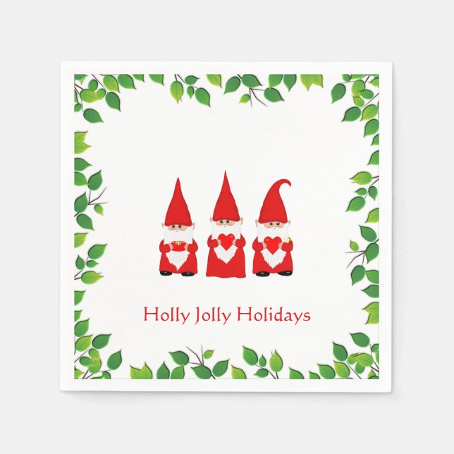 Three Christmas Gnomes & Leaf Frame on White  Napkin (Front)