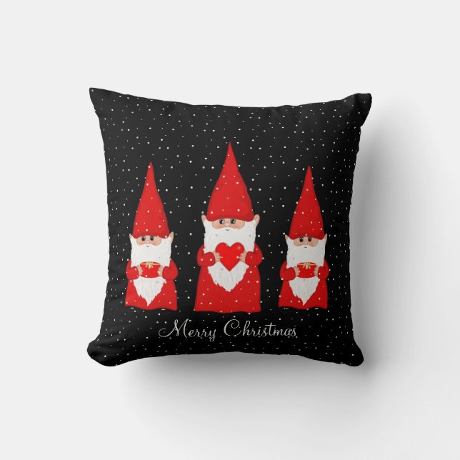 Three Christmas Gnomes on Black Throw Pillow (Front)