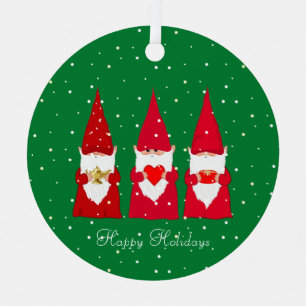 Three Christmas Gnomes on Green Metal Ornament