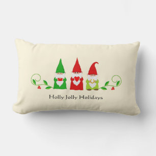 Three Christmas Gnomes on Ivory Lumbar Pillow