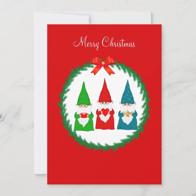 Three Christmas gnomes on red (Front)