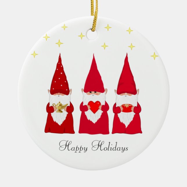 Three Christmas Gnomes & Stars Ceramic Ornament (Front)