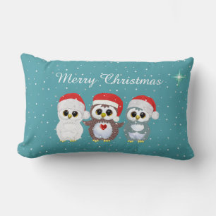 Three Christmas Owls on Sapphire Blue Lumbar Pillow