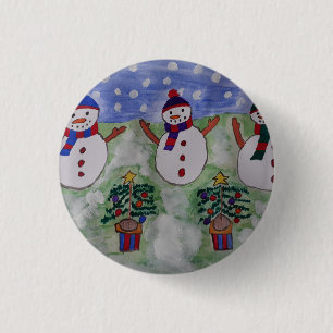 Three Christmas Snowmen 1 Inch Round Button