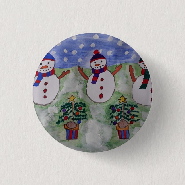 Three Christmas Snowmen 1 Inch Round Button (Front)