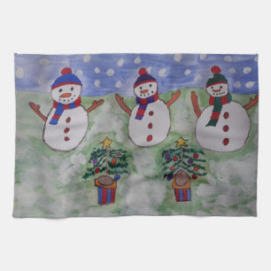 Three Christmas Snowmen Tea Towel