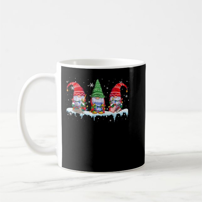 Three Cleaning Gnomes Funny Christmas Lights Gnome Coffee Mug (Left)