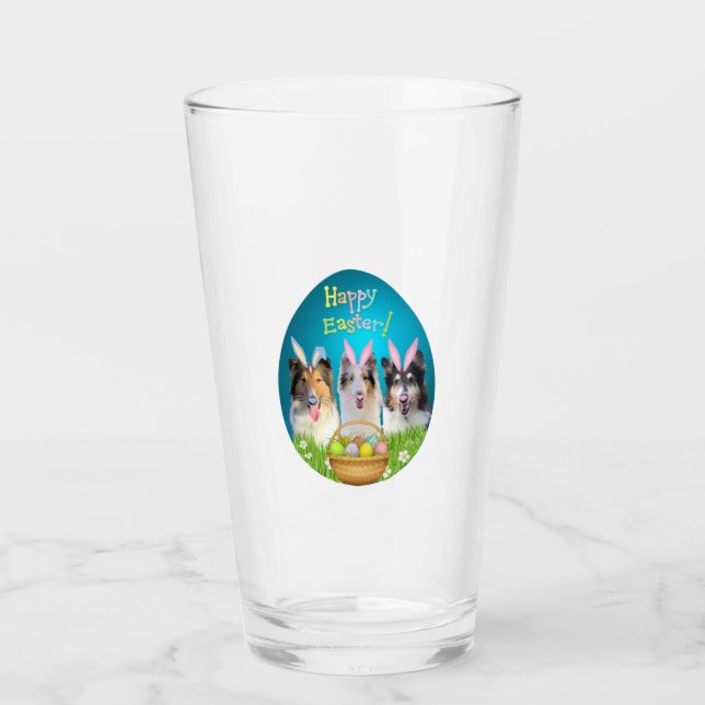 Three Collie Easter Bunny  Glass (Front)