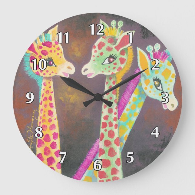 Three Colorful Fun Giraffes Large Clock (Front)