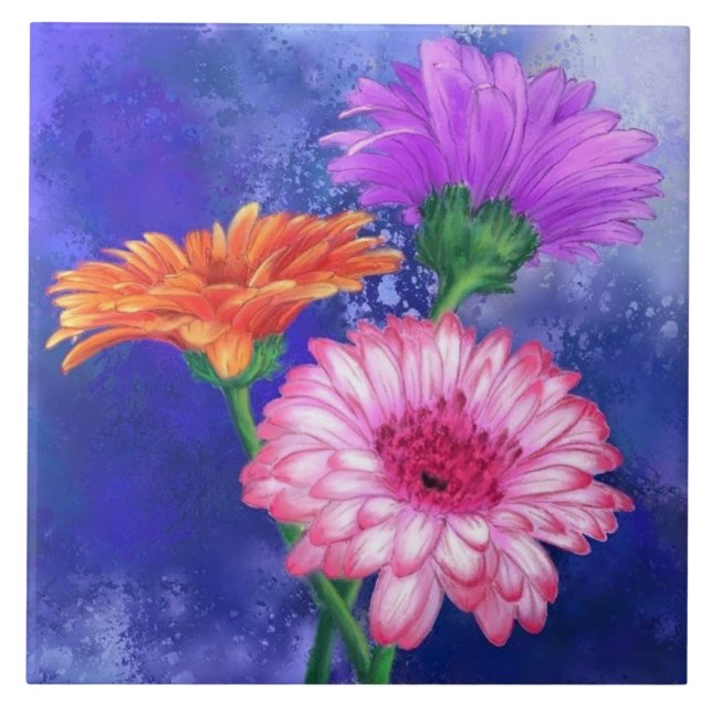 Three Colour Gerberas Tile - Painting (Front)