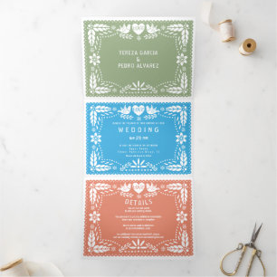 Three colour papel picado lovebirds wedding Tri-Fold invitation