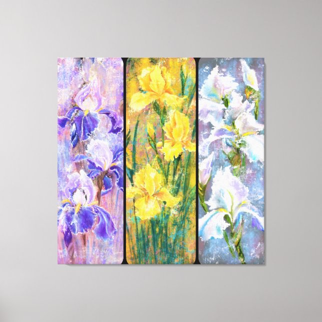 Three Coloured Irises Flowers Canvas Print Paintin (Front)