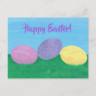 Three Colourful Easter Eggs in Green Grass Holiday Postcard