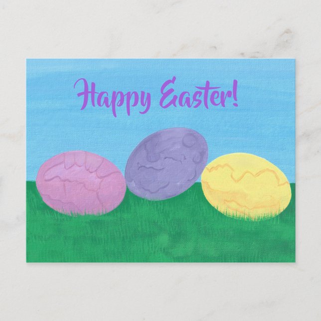 Three Colourful Easter Eggs in Green Grass Holiday Postcard (Front)