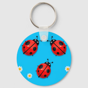 Three Colourful Ladybugs on Blue Background Keychain