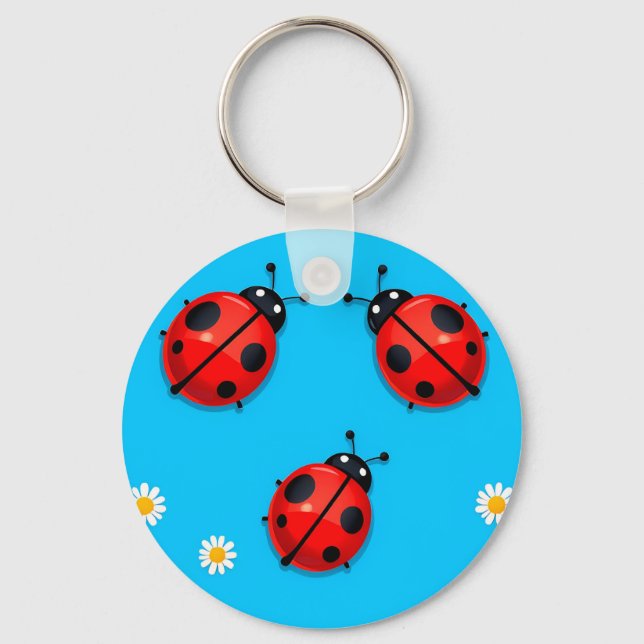 Three Colourful Ladybugs on Blue Background Keychain (Front)
