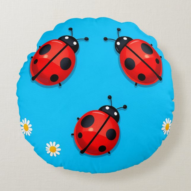 Three Colourful Ladybugs on Blue Background Round Pillow (Front)
