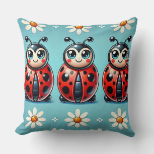 Three Colourful Ladybugs on Blue Background Throw Pillow