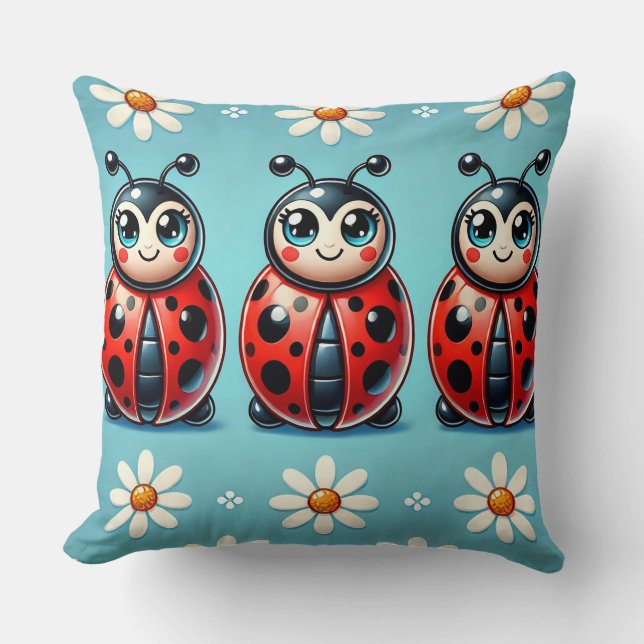 Three Colourful Ladybugs on Blue Background Throw Pillow (Front)