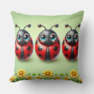Three Colourful Ladybugs on Green Background Throw Pillow