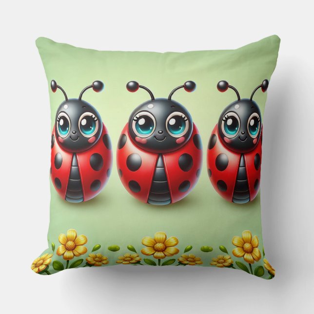 Three Colourful Ladybugs on Green Background  Throw Pillow (Front)