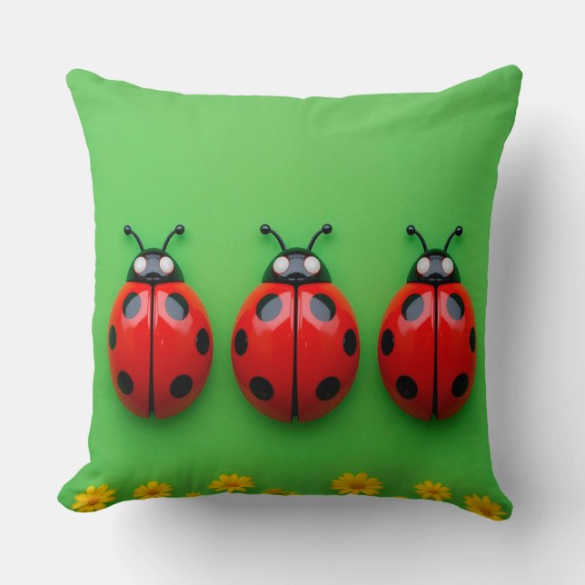 Three Colourful Ladybugs on Green Background Throw Pillow (Front)