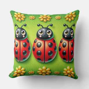Three Colourful Ladybugs on Green Background Throw Pillow