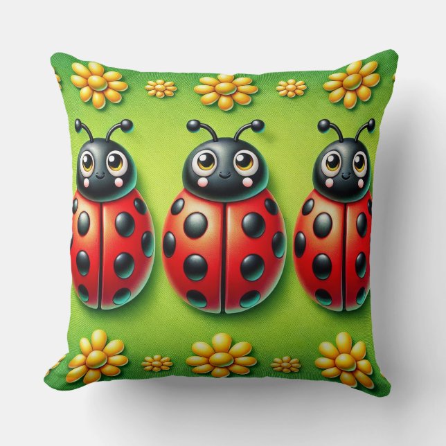 Three Colourful Ladybugs on Green Background Throw Pillow (Front)